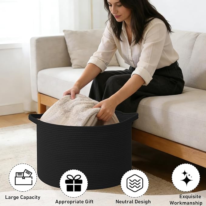 90L Extra Large Blanket Basket,Woven Rope Laundry Basket Hamper with Handles, Decorative Nursery Basket Storage Bin for Toys, Clothes Organizer, Living Room, Bedroom, Bathroom, Black