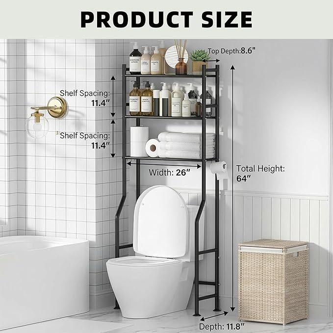 GloTika 3-Tier Over Toilet Storage with Anti-Tilt Safety System - 150lb Total Capacity Metal Bathroom Shelves Including Paper Holder & 4 Hooks, Space Saving Above Commode Organizer (64" H, Black)