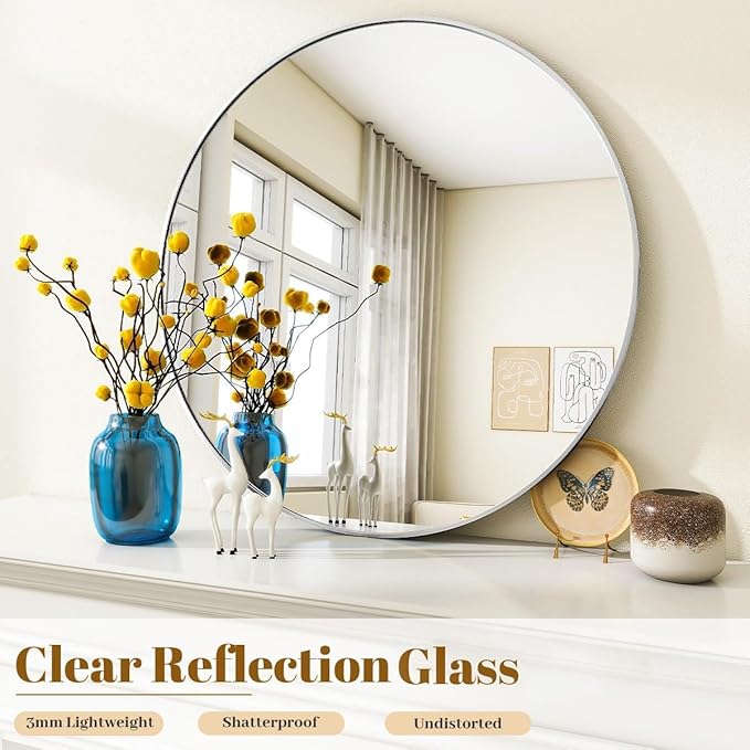 VooBang Black Round Bathroom Mirror, 42 inch Large Circle Wall Mounted Hanging Mirror with Simple Modern Circular Metal Frame for Hallway, Entryway, Living Room, Silver Frame