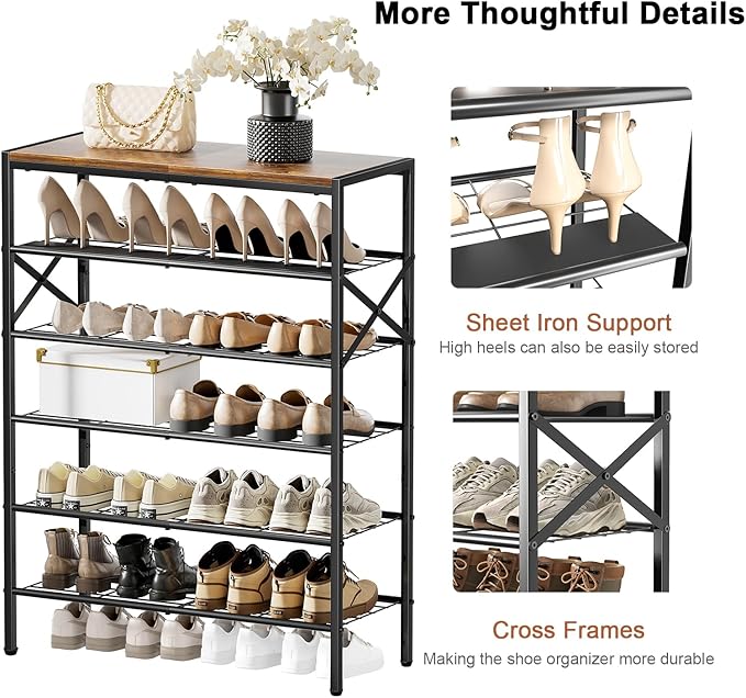 6-Tier Metal Shoe Rack Organizer Shoe Storage for Entryway 18-24 Pairs Narrow Shoe Rack for Closet Heavy-Duty Shoe Rack with Wooden Top Shelf for Garage Rustic Brown