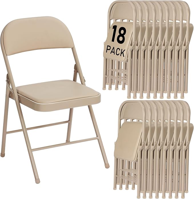 18 Pack Khaki Folding Chairs with Padded Cushion and Back for Outside Portable Stackable Commercial Foldable Chairs with Steel Frame for Events Office Wedding Party, 350lbs Capacity
