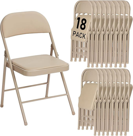 18 Pack Khaki Folding Chairs with Padded Cushion and Back for Outside Portable Stackable Commercial Foldable Chairs with Steel Frame for Events Office Wedding Party, 350lbs Capacity
