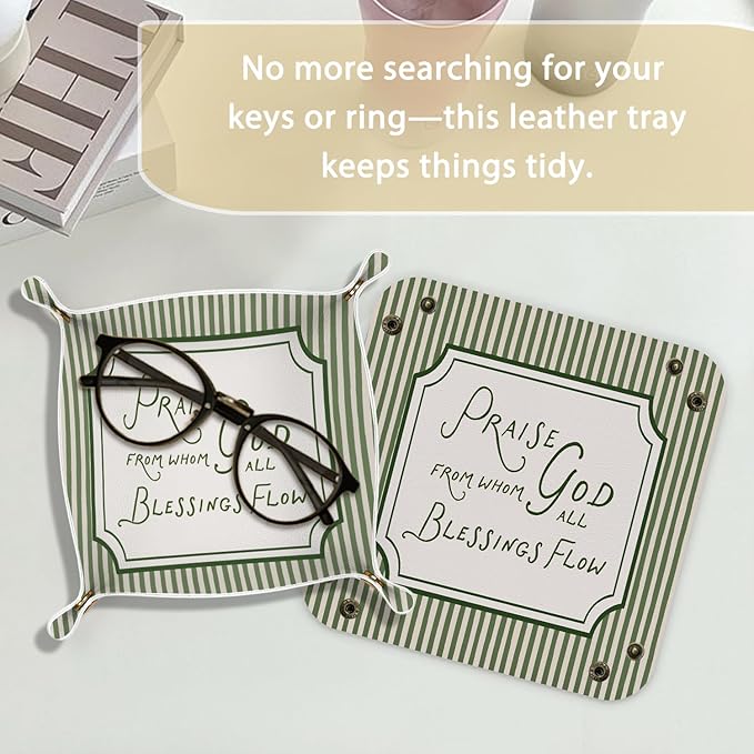 Christian Gifts Leather Jewelry Valet Tray, Green Religious Bible Verse PU Leather Catchall Beside Caddy Nightstand Organizer Tray for Jewelry Rings Watches Keys and Accessories, 7.8x7.8inch