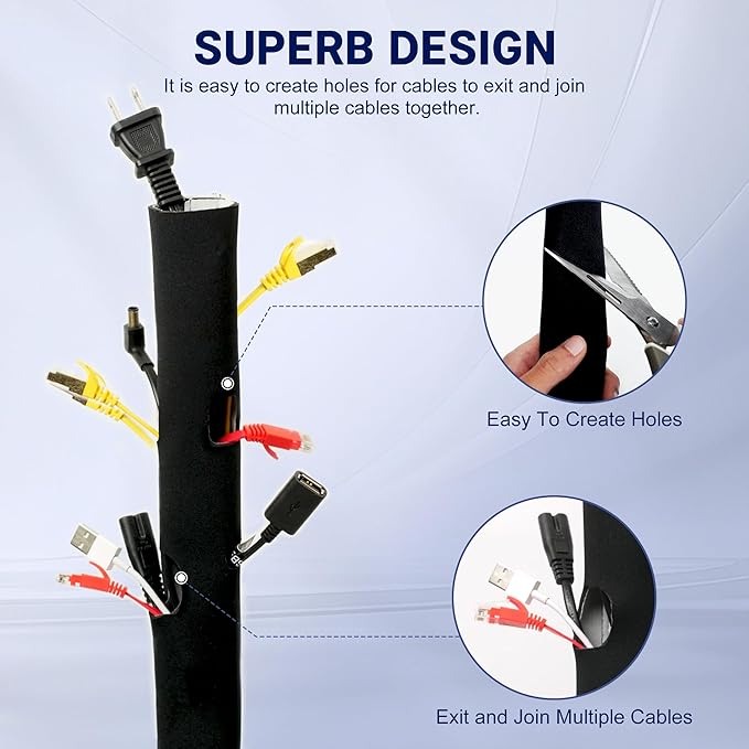 Cable Management Sleeve 3.3ft (40 inch) - 1.5 inch, Hook-and-Loop Cuttable Neoprene Cord Organizer, Split Wire Reversible Cord Protector for TV USB PC Ethernet Cable Hider Protect Pets Kids