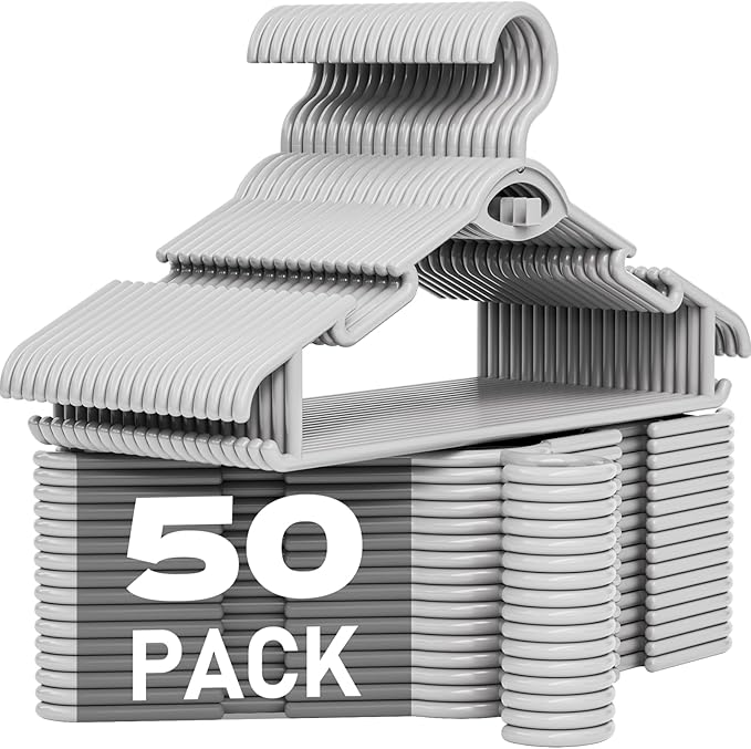 Heavy Duty Plastic Hangers 50 Pack, Stackable Space Saving, with 360° Swivel Hook, Non Slip Shoulder Grooves, for Suits, Shirts, Coats, Durable & Strong Closet Organizers, Grey