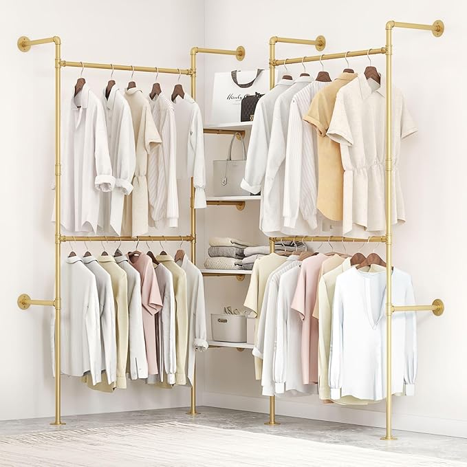 Industrial Pipe Clothing Rack, Heavy Duty Adjustable Garment Hanger with Shelves, 2 Installation Methods Closet Storage System for Wardrobe Organization (Gold, 80" H x 86" W)