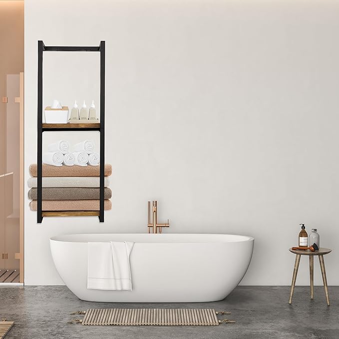 Modern Towel Rack for Rolled Towels,Towel Rack for Bathroom,Wall Mounted Bathroom Organizer Storage,Metal Towel Holders with Wooden Shelf,11" L x 5.5" W x 30" H,Black
