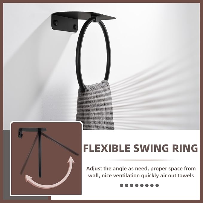APLusee Matte Black Bath Towel Ring with Shelf, Stainless Steel Towel Holder, Wall Mount