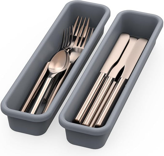 2 Pack Silicone Silverware Organizer, DIY Free Combination Utensil Drawer Organizer, Silverware Drawer Organizer, Flatware Cutlery Tray for Spoons Forks, Anti-slip Design (Grey)