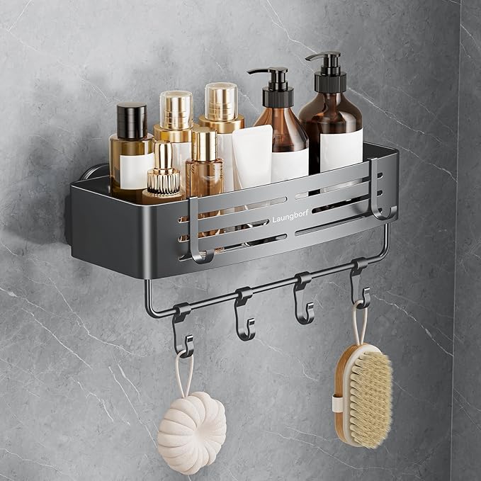 Rectangle Shower Caddy Suction Cup – Rustproof Aluminum Shelf with Towel Bar & Hooks, Laungborf No-Drill Removable Wall Storage for Bathroom (Matte Gray, 1 Pack)