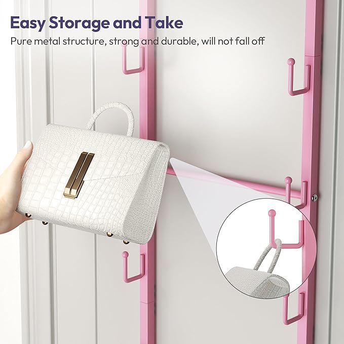 SWTYMIKI Over The Door Purse Organizer - Wall Mounted Handbag Organizer with 16 Hooks and Metal Basket, Hanging Purse Storage Rack Holds up to 16 Bags, Bag Rack Can Use As 1/2 Part, for Door, Closet
