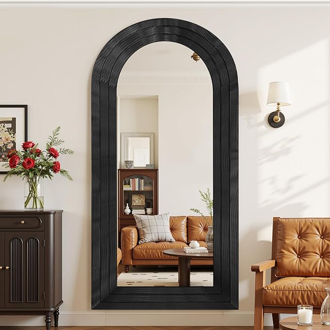 Antok Full Length Mirror with Solid Wood Frame, 81"×41" Wall Mounted Oversized Floor Mirror with Stand, Leaning Standing Hanging for Bedroom Living Room Entryway, Black, Arched Syle