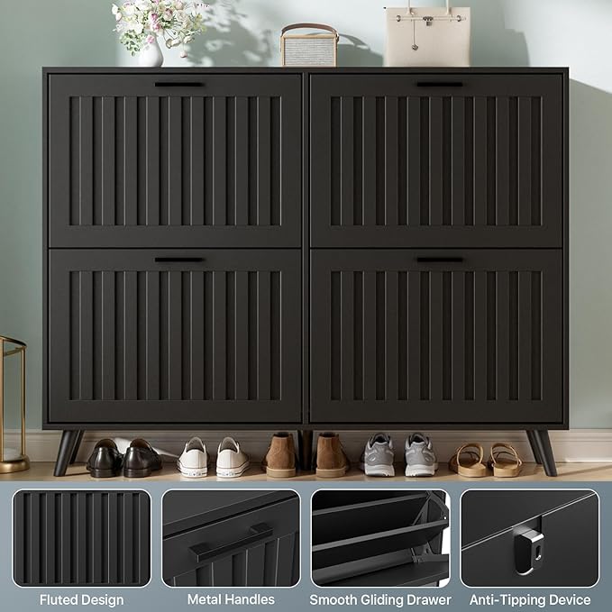 Shoe Storage Cabinet with 4 Flip Drawers, Modern Freestanding Organizer with Adjustable Shelf, Narrow Shoe Rack Cabinet for Entryway, Black