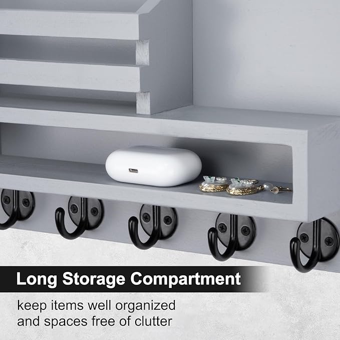 Key and Mail Holder Wall Mount, Key Hanger with Long Storage Box and Key Hooks for Coat, Dog Leash, Home Decor Rack, House Accessories, Entry Way Organizer