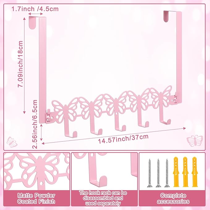AceOrbit Pink Butterfly Over The Door Hooks Wall Mount Towel Hanger Cute Door Holder Rack with 5 Hooks Hanging Towel, Coat Keys, Bags, Hats, Clothes for Bedroom Bathroom Kitchen Dorm Room Organizer