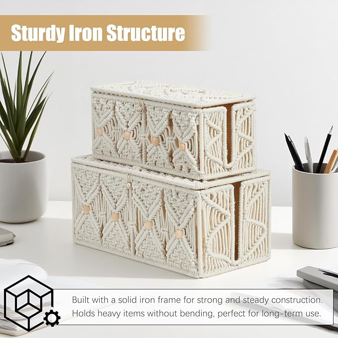 Cable Management Box Handmade Macrame Cord Storage Organizer Power Strips Outlet Router Adapter TV Wire Hider Cover Under Desk Natural Cotton Rope Woven Boxes with Lid (Off White, Medium)