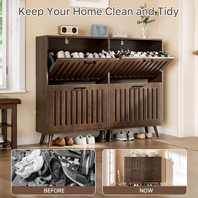 Shoe Storage Cabinet with 4 Flip Drawers, Modern Freestanding Organizer with Adjustable Shelf, Narrow Shoe Rack Cabinet for Entryway, Walnut