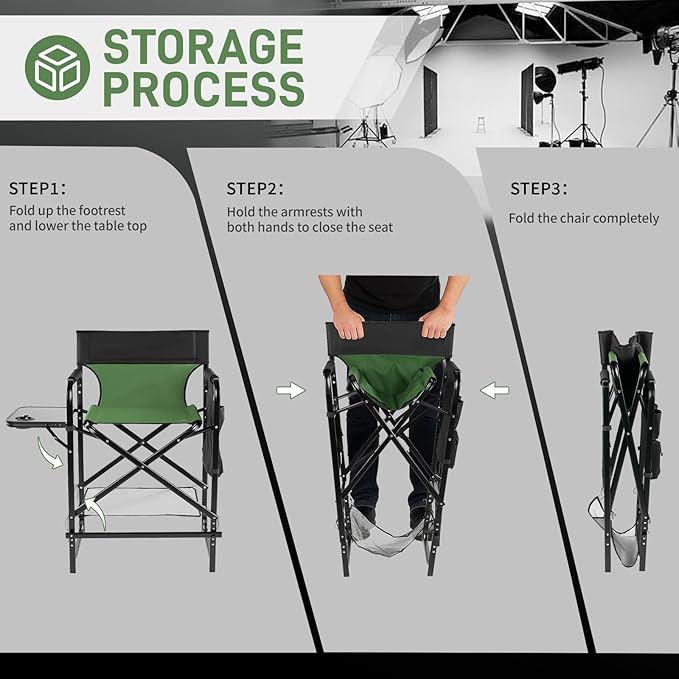 Outvita 26" Tall Directors Chair Height Seat Folding with Side Table Storage Bag, Support for 300Lbs Portable Makeup Artist Chair with Bar Height(Dark Green/Black)