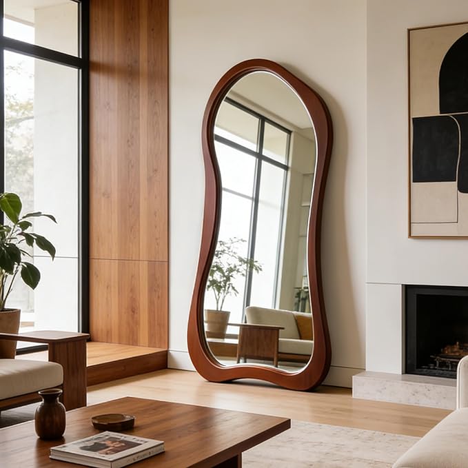 Large Irregular Mirror, 67"x31.5" Organic Floor Mirrors with Solid Wood Frame, Asymmetrical Full Length Mirror for Living Room Entryway Hallway Bedroom Cloakroom, Leaning/Wall-Mounted