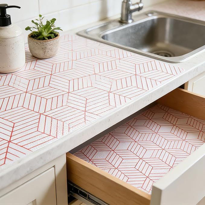 Red Geometric Pattern Shelf Liner, Non-Adhesive Non-Slip Thickened Drawer Liner, Easy to Clean Contact Paper for Kitchen Cabinets, Tool Box, Refrigerator, Includes Knife & Tape .12×236.22inches.