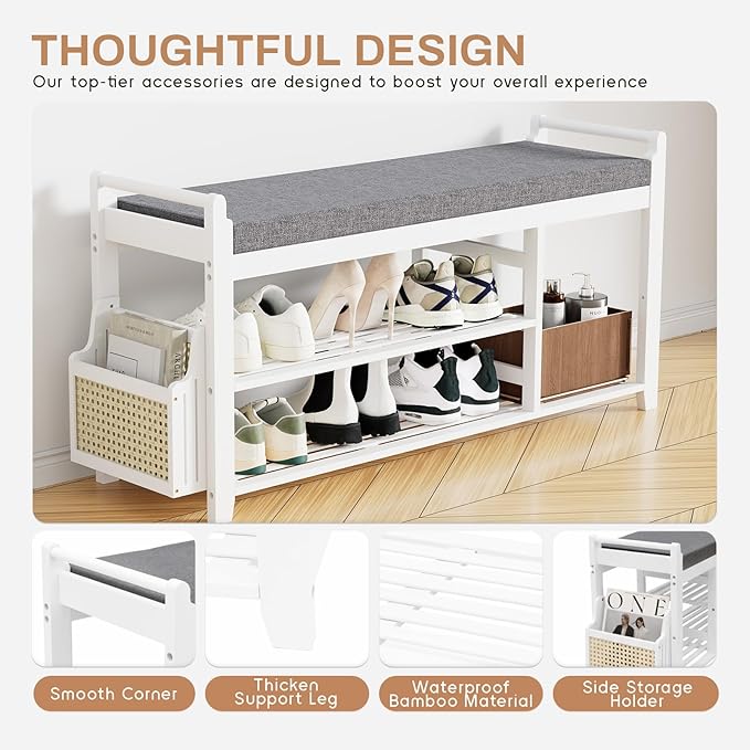 Homaxy 2-Tier Shoe Rack Bench with Side Holder, 39.4 in Bamboo Entryway Bench, Shoe Rack Organizer with Cushion for Front Entrance, Hallway Living Room Bedroom, White and Dark Grey