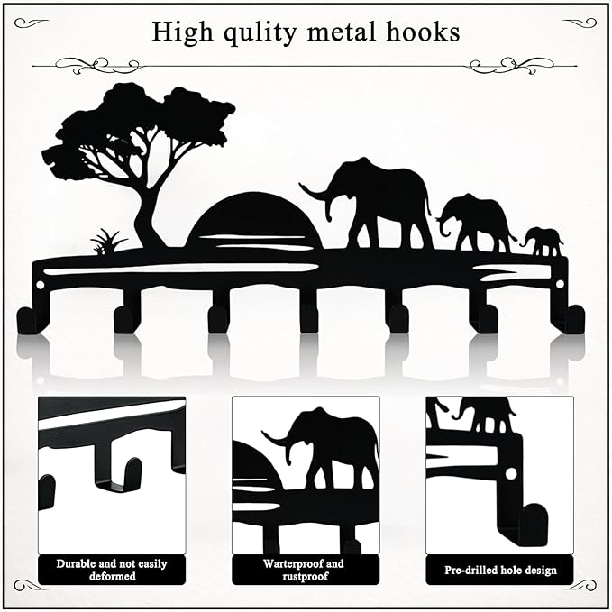 Metal Key Holder Wall Mount, African Safari Key Rack Hooks, Elephant Family Sunset Wall Art Organizer for Entryway, Kitchen, Hallway, Garage, Farmhouse Home Decor & Housewarming Gift (Elephant)