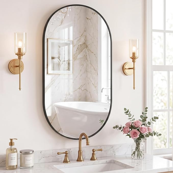 Sweetcrispy 24" x 36" Black Bathroom Mirror for Wall, Oval Wall Mirror with Metal Frame, Tempered Glass, Modern Vanity Mirror for Over Sink, Living Room, Bedroom, Entryway, Horizontal or Vertical