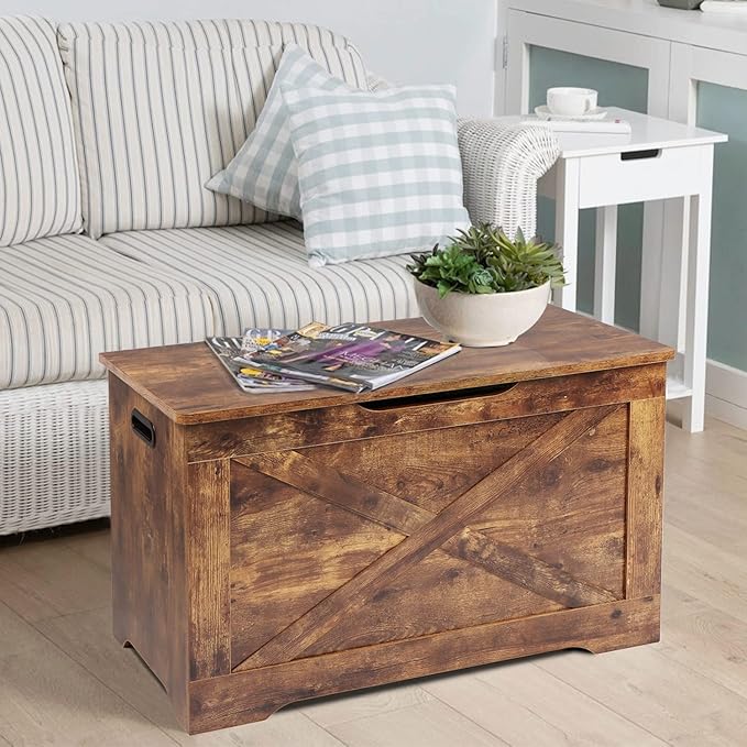 Timberer Storage Chest, Wooden Storage Bench, Entryway Shoes Bench with 2 Safety Hinges, Retro Storage Trunk for Living Room, Bedroom, 15.7 x 31.5 x 18.9 Inches, Rustic Brown