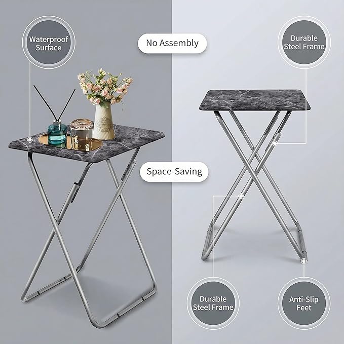 Tv Trays Folding Tv Table, Dinner Table for Eating with Sturdy Metal Frame, Small Foldable Snack Trays Table for Living Room, Couch,Sofa, Bed, No Assembly Required (Black Marble)