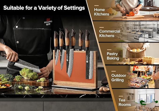 XINZUO Double Sided Magnetic Knife Rack (12.6 X 4 X 9.3inches)-Natural Acacia Wood Stand With Dual-Tone Leather Upholstery,Raw And Cooked Knife Storage Zones，430 Stainless Steel Base