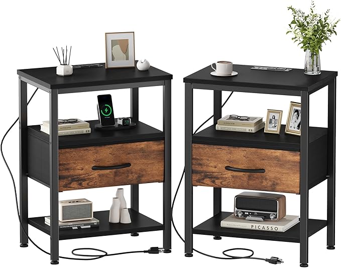 DUMOS Nightstand Set of 2 with Wireless Charging Station Bed Side Tables with Adjustable Fabric Drawers 3-Tier Storage End Tables Modern Design,Black and Brown