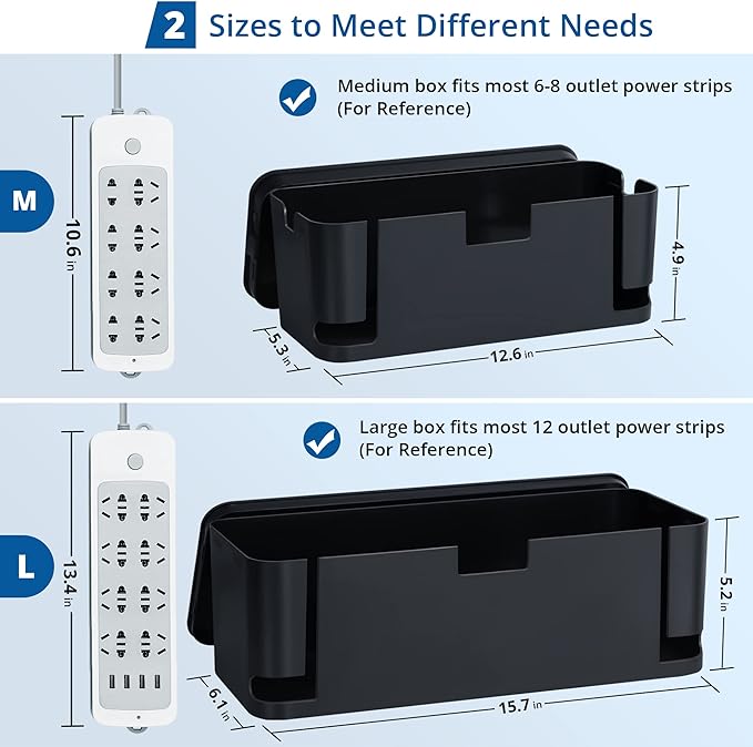 ZhiYo Cable Management Box Black, 2Pack Cord Organizer Box - Extra Large and Medium Size, Cord Hider Box to Conceal Power Strips on Desk or Floor, Made from Electrically Safe ABS Material