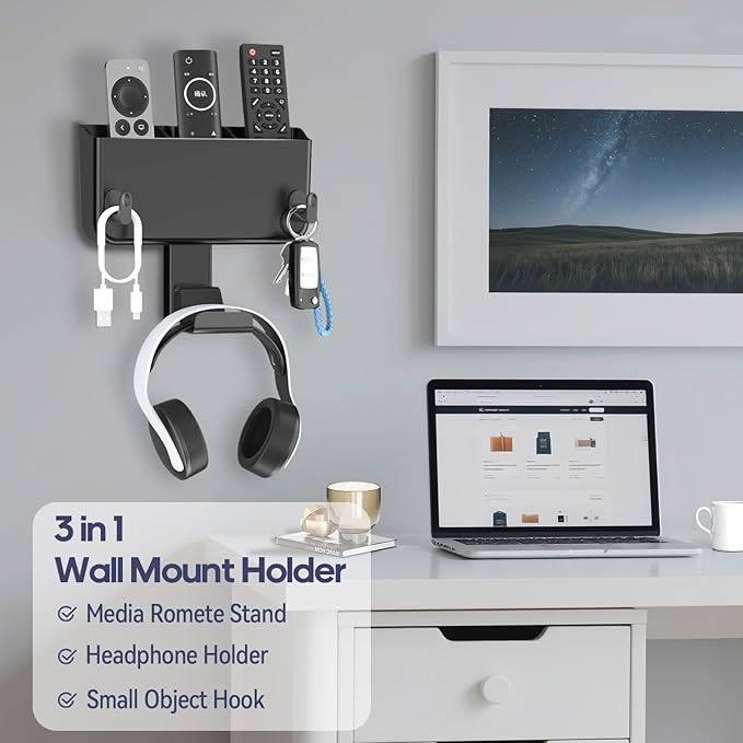 Kytok Adhesive Remote Control Holder Wall Mount with Headset Hanger, 3 in 1 Organizer TV/Fan Remote Caddy with Hook for Headphone, No Drill Controller Storage Bracket, Bed Wall Rack