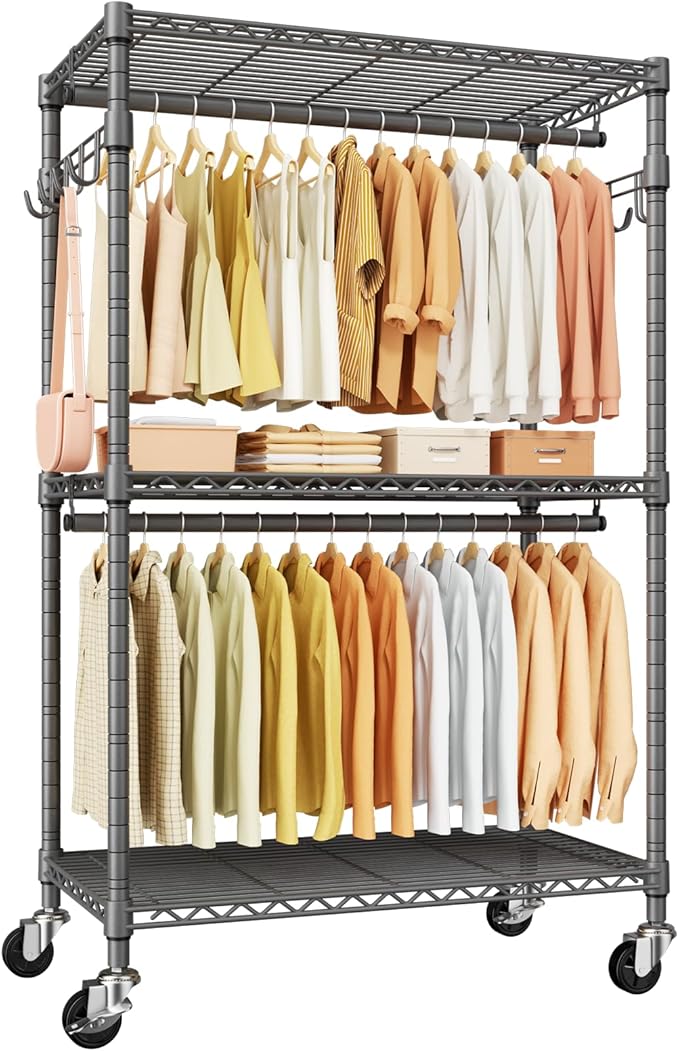 ULIFHOME P1 Rolling Clothing Rack with Lockable Wheels, Heavy-Duty Garment Rack for Hanging Clothes, Portable Closet Wardrobe with Shelves, 35.5" W x 15.7" D x 80.5" H, Hold 500lbs, Grey