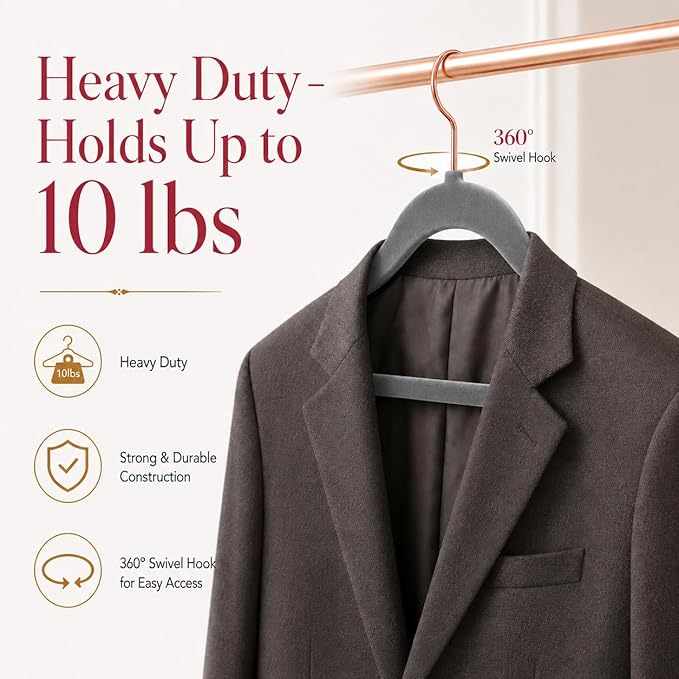 Smartor Grey Velvet Hangers 50 Pack, Non Slip Clothes Felt Hanger Heavy Duty for Coat, 360° Rotating Rose Glod Hook, Premium Slim Space Saving Hangers for Closet Organizer and Storage