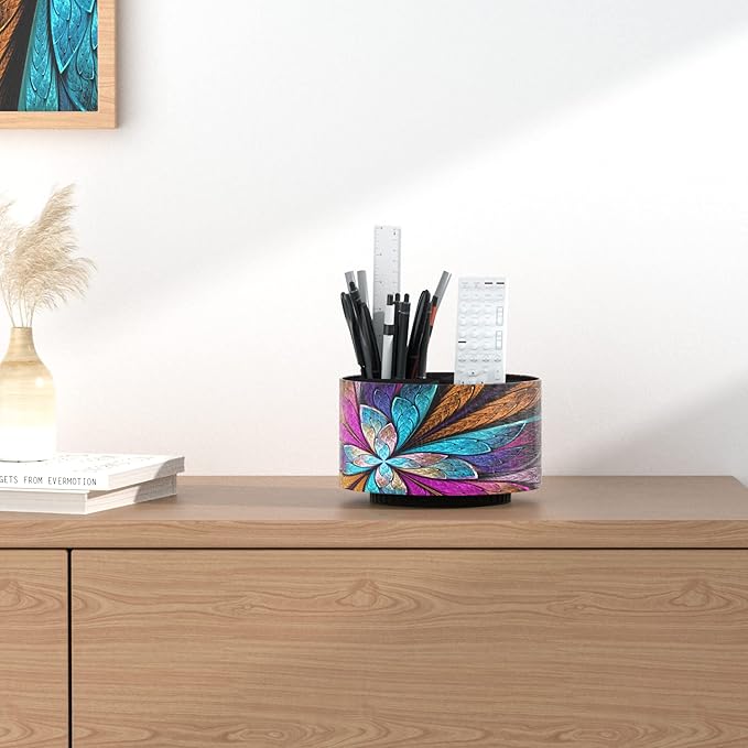 Round Leather Art Supply Organizer,Remote Control Holder,360 Degree Rotating,Multi-Functional Pencil Holder,4 Compartments Desktop Stationary Organizer(1-Fractal Flower) | Round