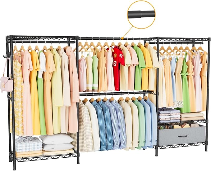 Golpart Coat Rack Clothes Wardrobe：Closet Organizer and Storage Clothing Garment Rack with Shelves Heavy Duty for Hanging Clothes Portable Adjustable Black 15.8" DX(70-88)" WX76.5 H