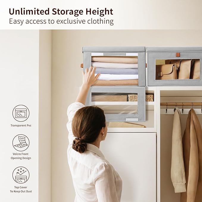 Homsorout Medium Fabric Storage bins - Collapsible Storage Bins with Open Window, 2 Pack Closet Baskets for Shelves, Stackable Decorative Boxes for Home, Dorm, Grey, 13.7"x 9.8" x 9.8"