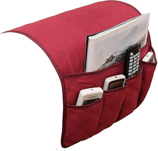 5 Pockets TV Remote Control Holder Couch Sofa Tray Armrest Organiser Oxford Chair Couch Caddy Sofa Armrest Bag Bedside Storage Hanging Organiser for Magazine Books Snack Mobile DVD Cellphone (red)