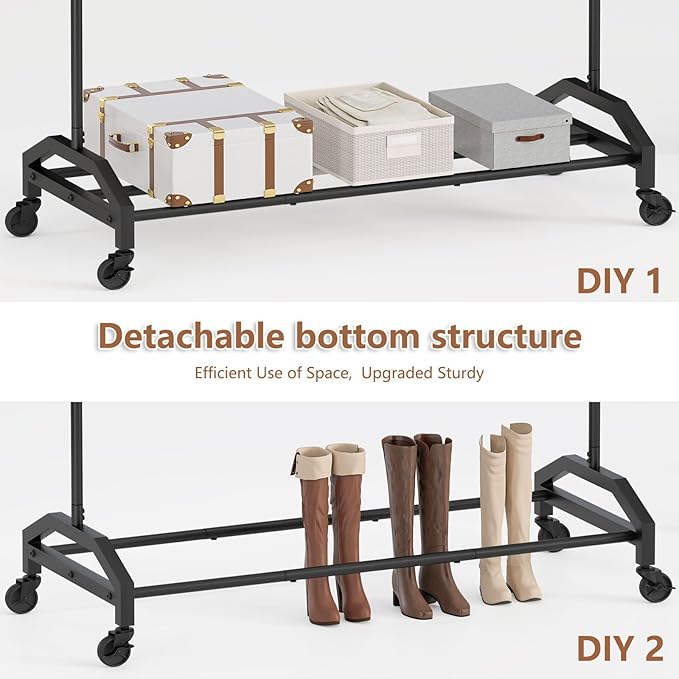 Wiracks Clothes Rack Clothing Rack with Wheels Rolling Clothing Rack for Hanging Clothes Garment Rack Loads 300 LBS for Bedroom, Laundry Room, Retail Store (Black)