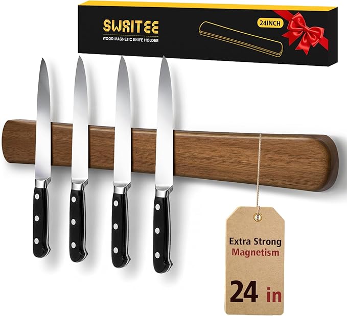 Swaitee Magnetic Knife Holder for Wall, 24 Inch Large Acacia Wood Magnetic Knife Strip, Kitchen Storage Organizer, Fridge Side Mount, Housewarming Gifts for New Home
