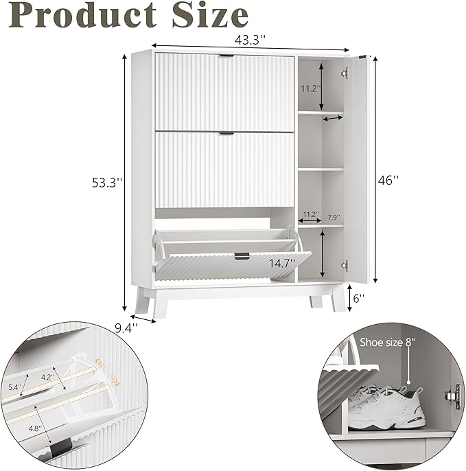Shoe Cabinet Storage for Entryway with 3 Flip Drawers & Side Cabinet, Fluted Narrow Shoe Organizer with Wooden Leg, Freestanding Shoe Storage Hidden Shoe Rack Organizer for Front Door Entrance, White