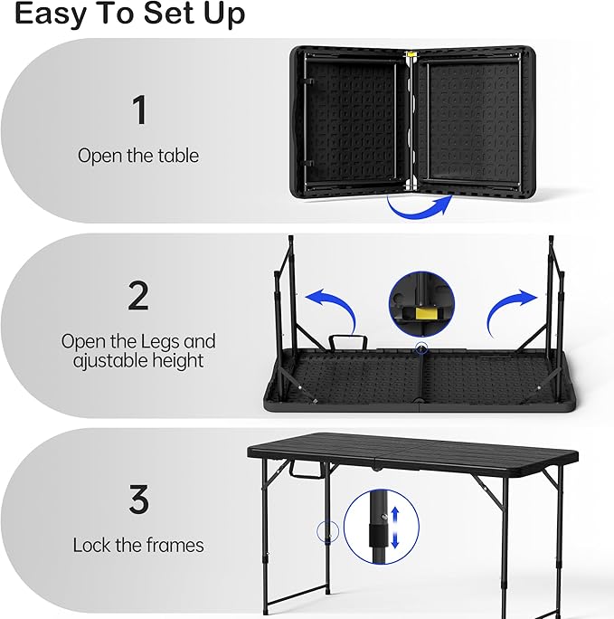 VSOAEIL Folding Table 4 Foot for Indoor Outdoor, Portable Heavy Duty Fold-in-Half Utility Small Plastic Adjustable Height Folding with Carrying Handle for Picnic Camping and Party, Matte Black