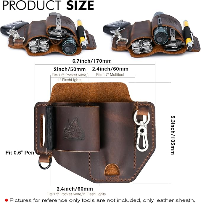 FLYHOMES Genuine Leather Multitool Sheath | Handmade Stitched EDC Belt Organizer for Leatherman Surge | Flashlight, Knife Holster, Pen & Tools Pouch | Dark Brown (Large)