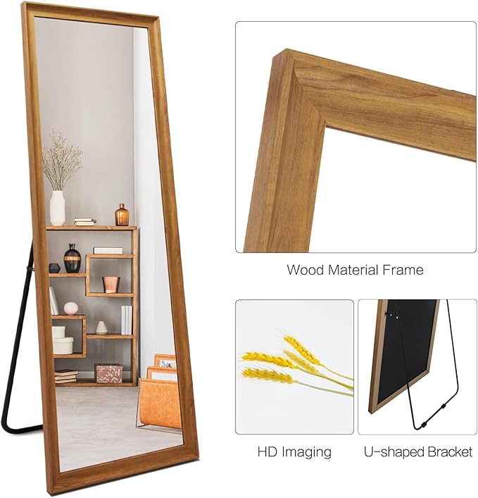 Full Length Mirror Wood Frame, 65x22in Floor Mirror Wall Full Body Mirror with Standing, Leaning Hanging for Bedroom,Living Room, Large Wooden Frame, Dark Wood