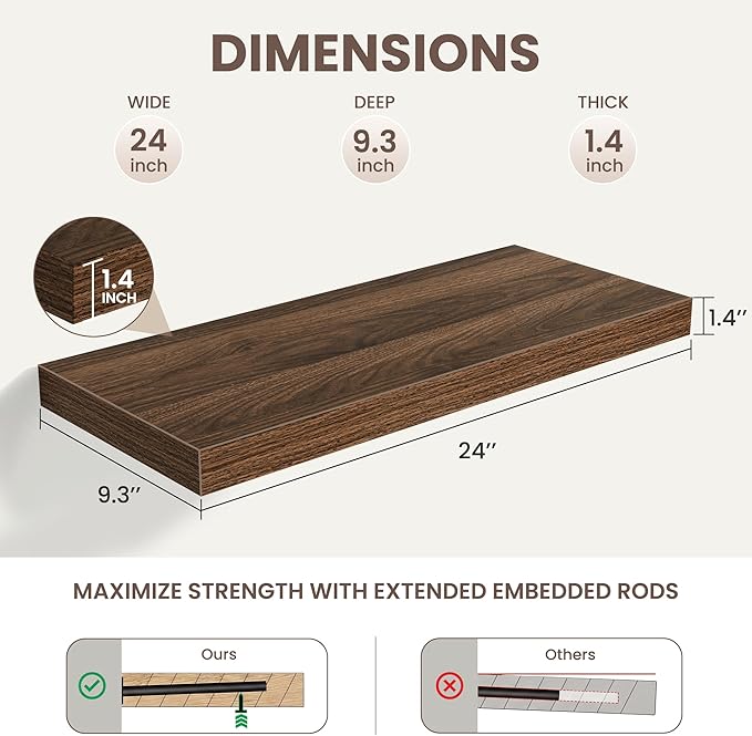 24 Inch Floating Shelves for Wall Decor,9.3" Deep Floating Shelf Wall Book Shelves,Large Display Storage Shelf,Wall Mounted Shelves with Invisible Bracket for Living Room,Bedroom,Bathroom,Walnut