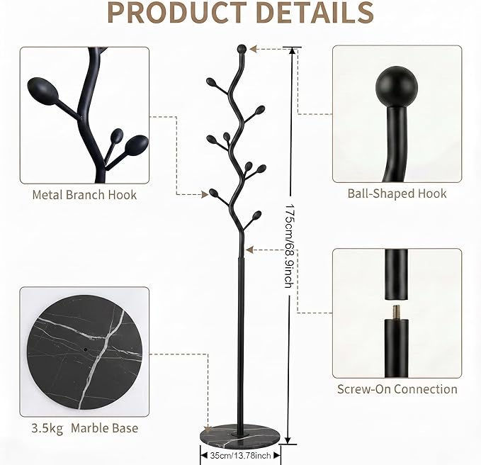 Freestanding Tree Branch Coat Rack with Marble Base, Gold Decorative Standing Coat Rack with 8 Hooks, Sturdy Heavy Duty Metal Coat Hanger Stand for Entryway Bedroom Living Room (All Black)
