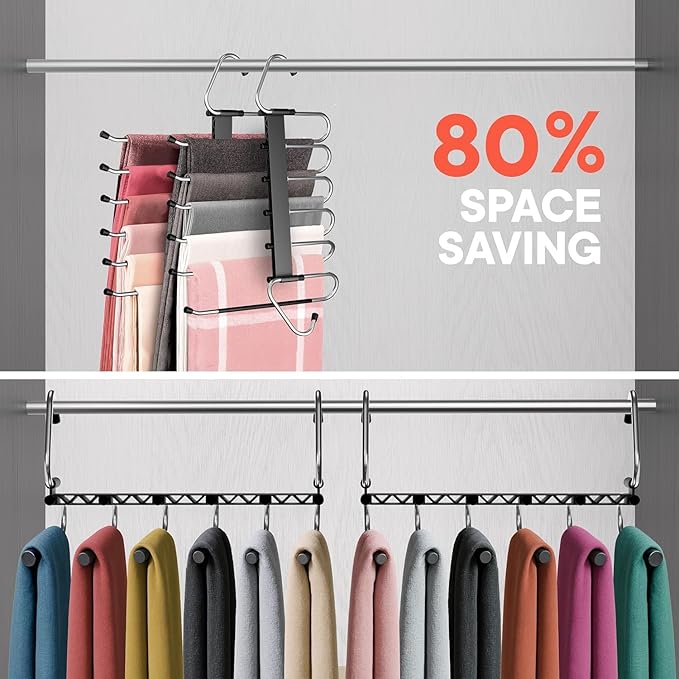 Black Space Saving Pants Hangers 1 Pack, 6 Layer Jeans Hangers and Closet Organizer for Jeans, Scarves, Skirts, Multi-Layer Hanger with Anti-Slip Coating & Stopper, Heavy-Duty S-Type Stainless Steel
