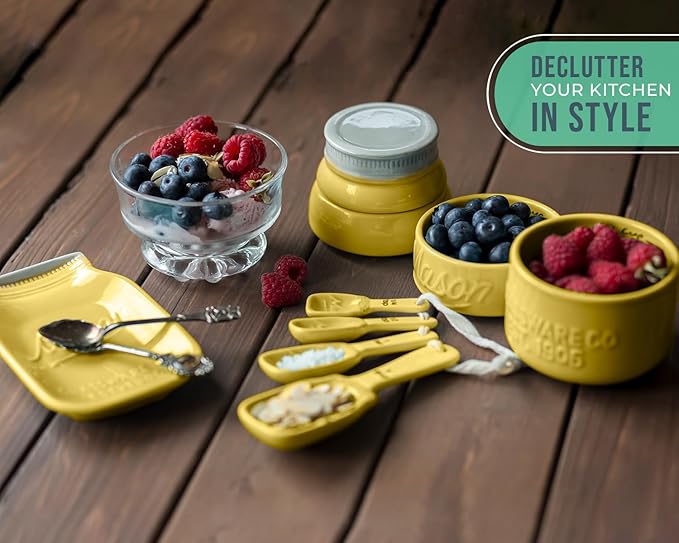 Comfify Mason Jar Kitchenware Set – Yellow Ceramic Decor with 4 Measuring Cups, 4 Measuring Spoons, Spoon Rest