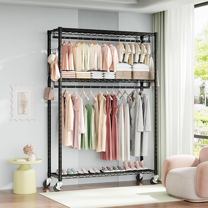 Rolling Clothes Rack Heavy Duty, Free Standing Garment Rack with Wheels, Portable Closet Rack, Closet Organizer System with 35.4" W x 15.7" D x 76" H, Max Load 500Lbs (Black)